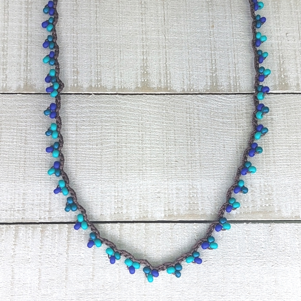 Bohemian Crochet Necklace, Blues, Brown & Silver, Handcrafted by R…